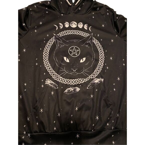 FancyQube Black Cat Hoodie Moon Pentagram Goth Gothic Punk Grunge Witch Occult - Picture 4 of 13